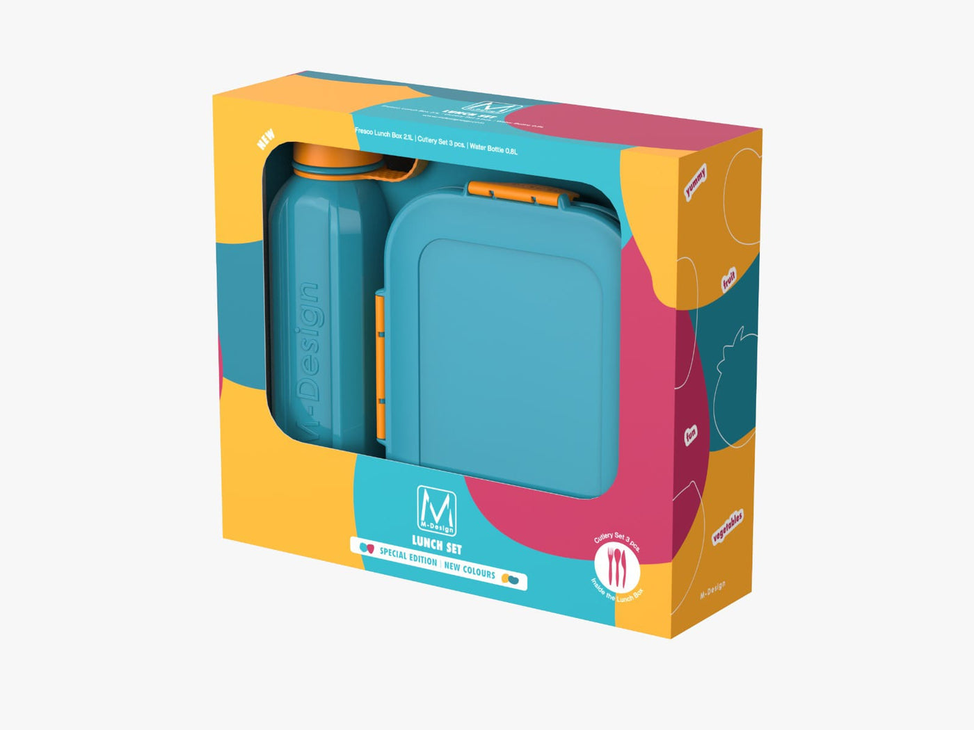 M-DESIGN Set (Turquoise & Orange) – Lunch Box 2.1L + Bottle 800ml + Cutlery (75136)