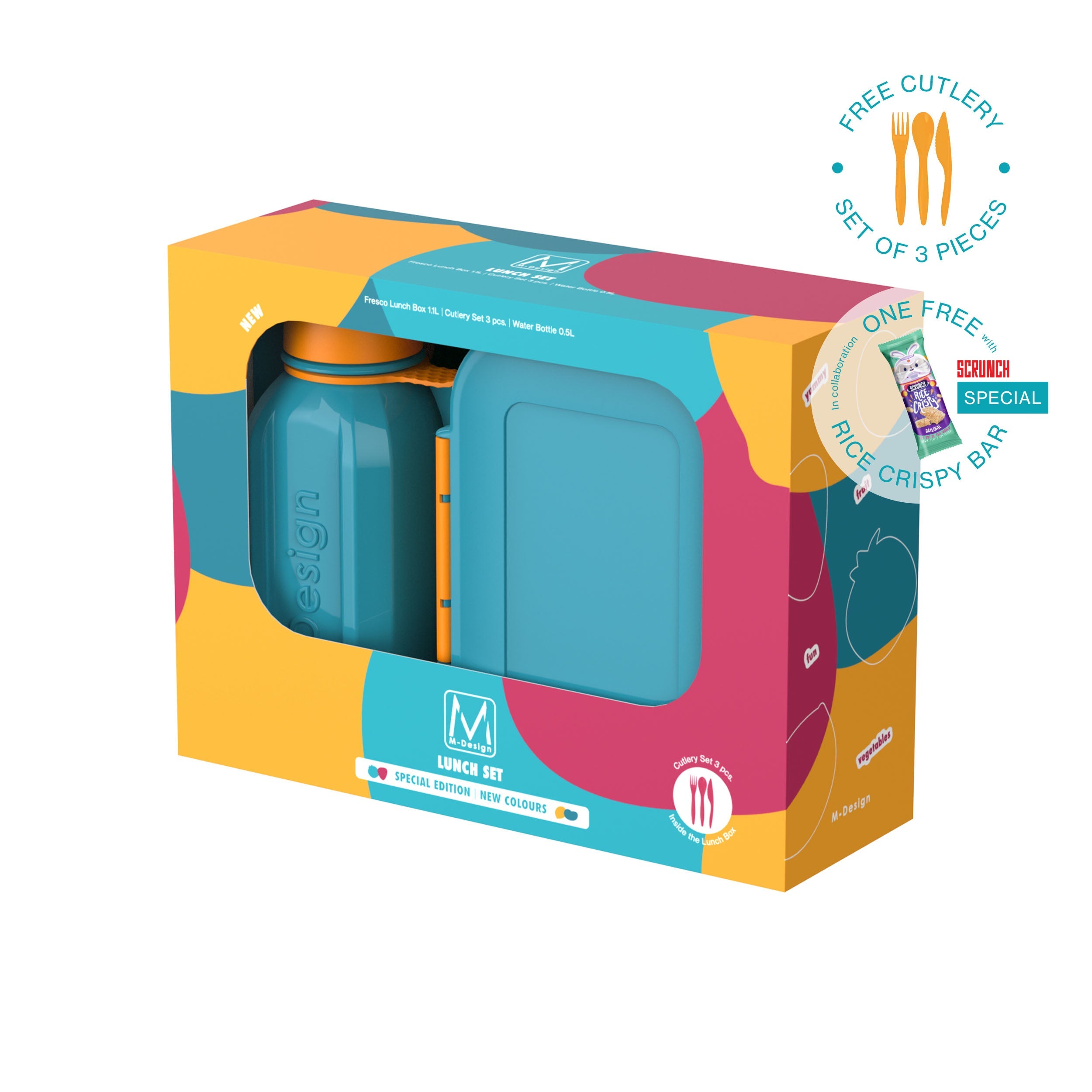 M-DESIGN Set (Turquoise & Orange) – Lunch Box 1.1L + Bottle 500ml + Cutlery (75130)